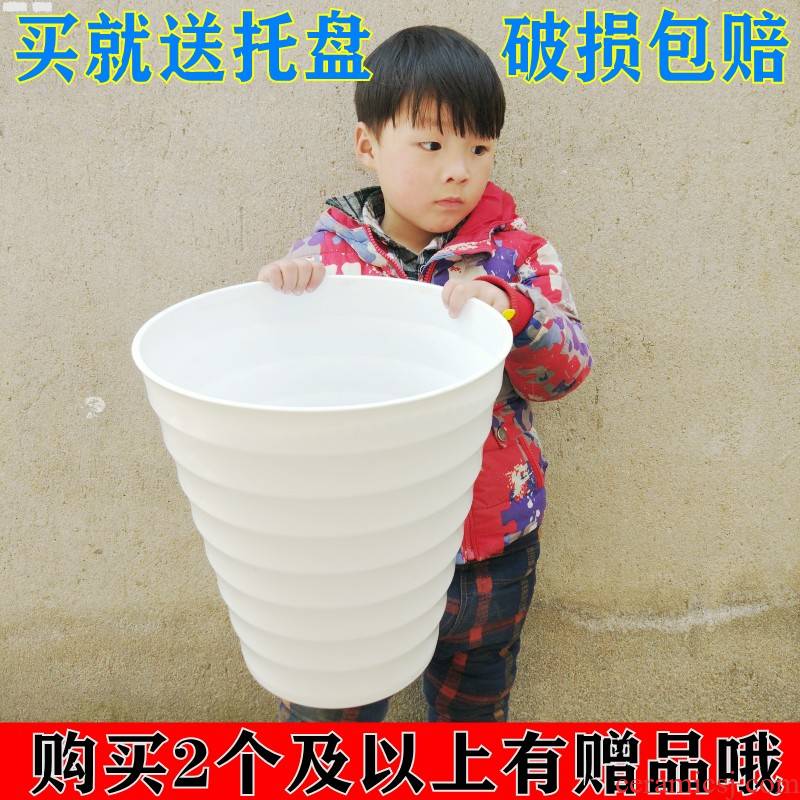 Large ground imitation ceramic plastic thickening contracted high round black and white thread extra Large household plastic flower POTS