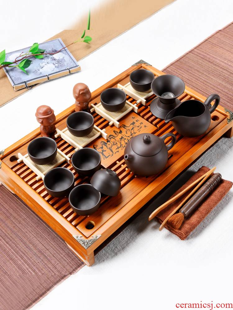 Purple sand pottery and porcelain kung fu tea set household small cup small office solid wood tea tray was the draw - out type tea table set