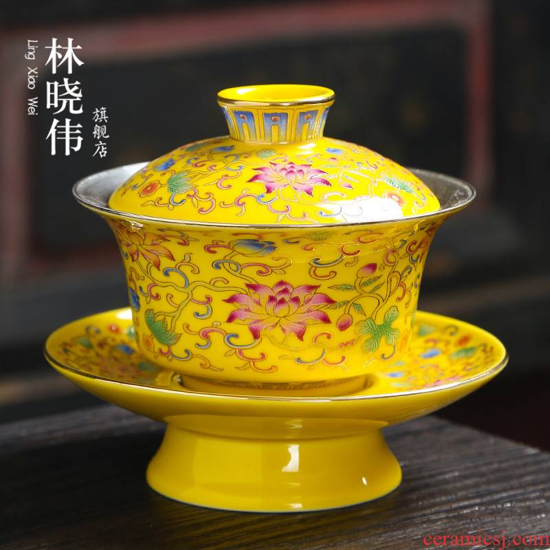 Developing wind gold colored enamel large three tea GaiWanCha silver kung fu tea cup 999 coppering. As ceramic tea set