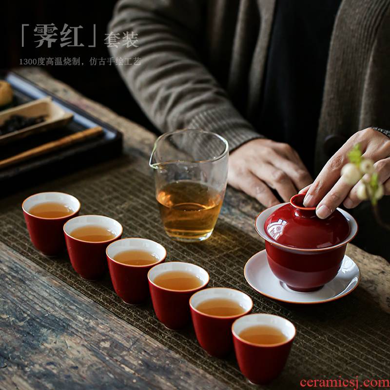 Ceramic tureen kung fu tea cups suit household red worship cup bowl is contracted a complete set of 6 cups of tea set