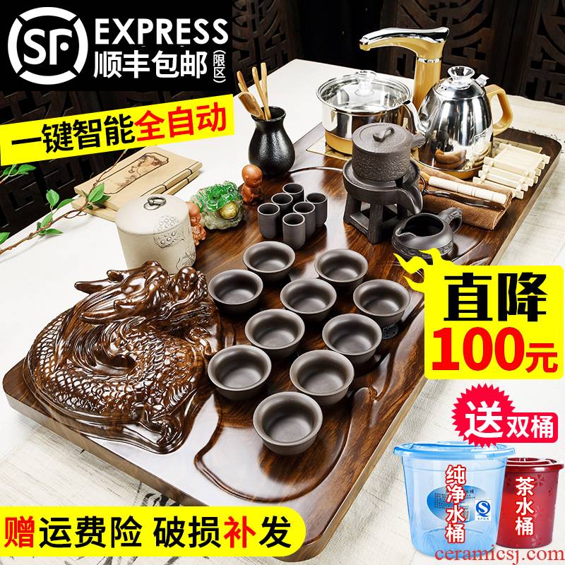 Violet arenaceous kung fu tea set household porcelain god solid wood tea tray machine automatic four one tea sea teapot teacup