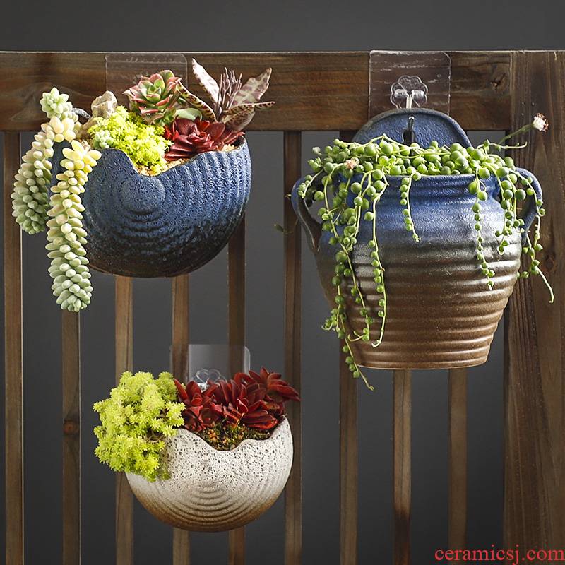 Hang a wall flower pot hanging ceramic basin of European creative balcony caruncle hanging more rural money plant hanging decorative flowers
