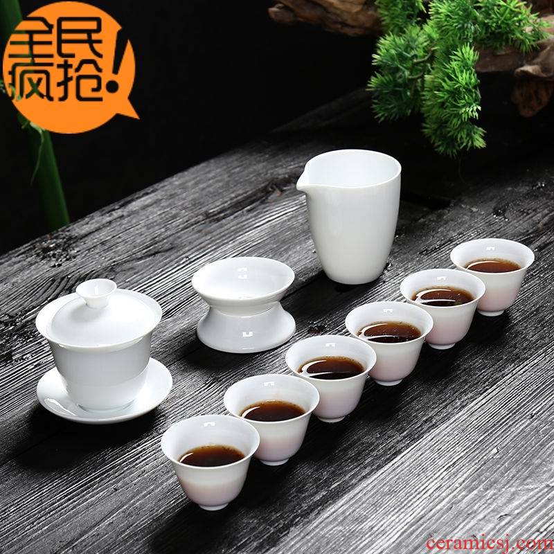 Hui shi dehua white porcelain tea set household contracted tureen tea cups kung fu tea set ceramic tea POTS bowl