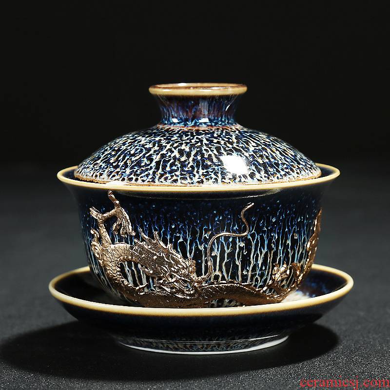 Obsidian variable tureen large ceramic bowl cups household kung fu tea set three bowl of tea tasted silver gilding machine