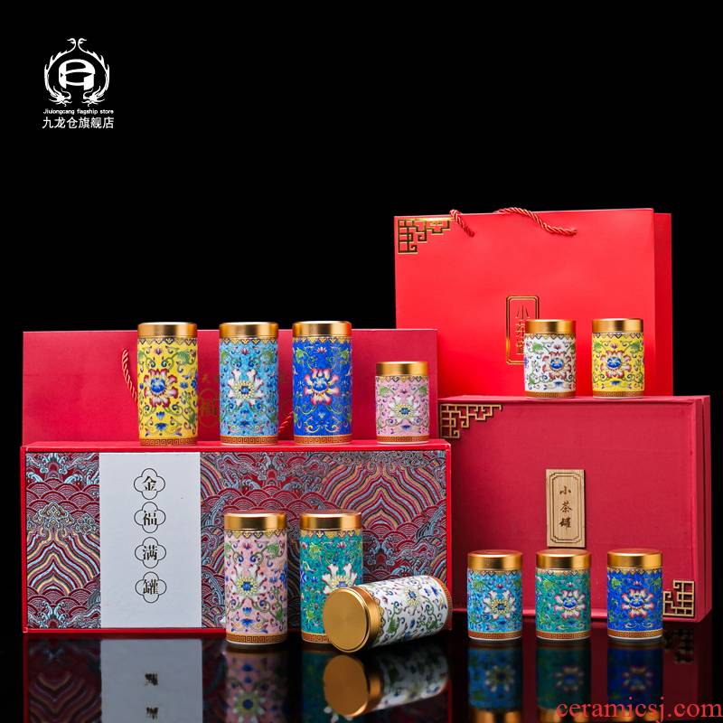 Jingdezhen ceramic colored enamel small caddy fixings empty jar mini small gift box packaging carry portable storage POTS