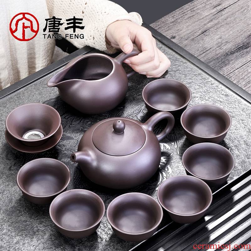 Tang Feng ores are it and a half of a complete set of manual kung fu tea sets tea purple clay 9 into the teapot teacup