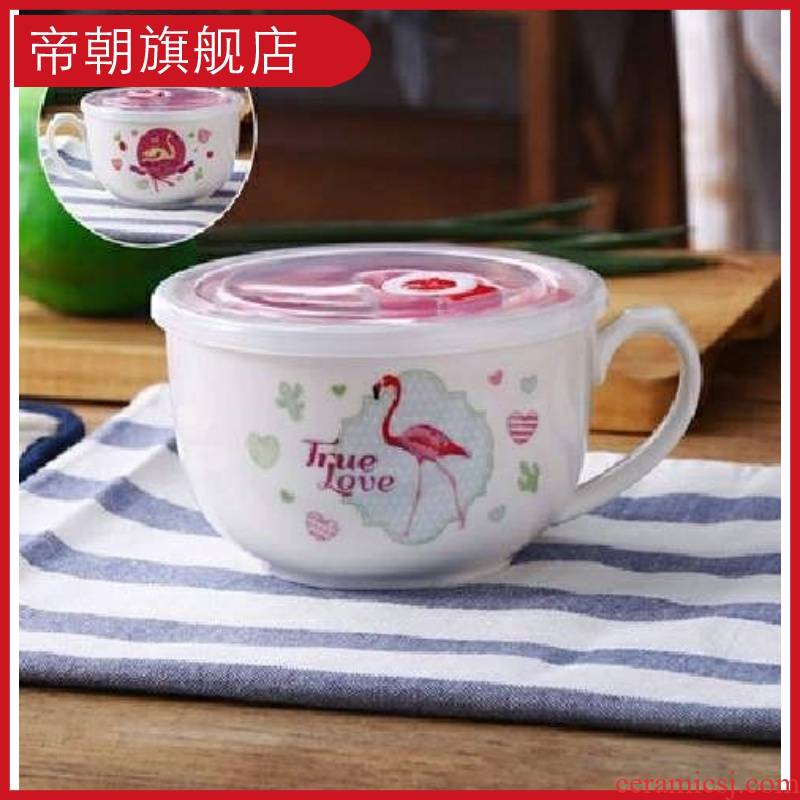 With handles fashion bento box of large bowl With cover thickening tureen microwave household enamel ceramic bowl l