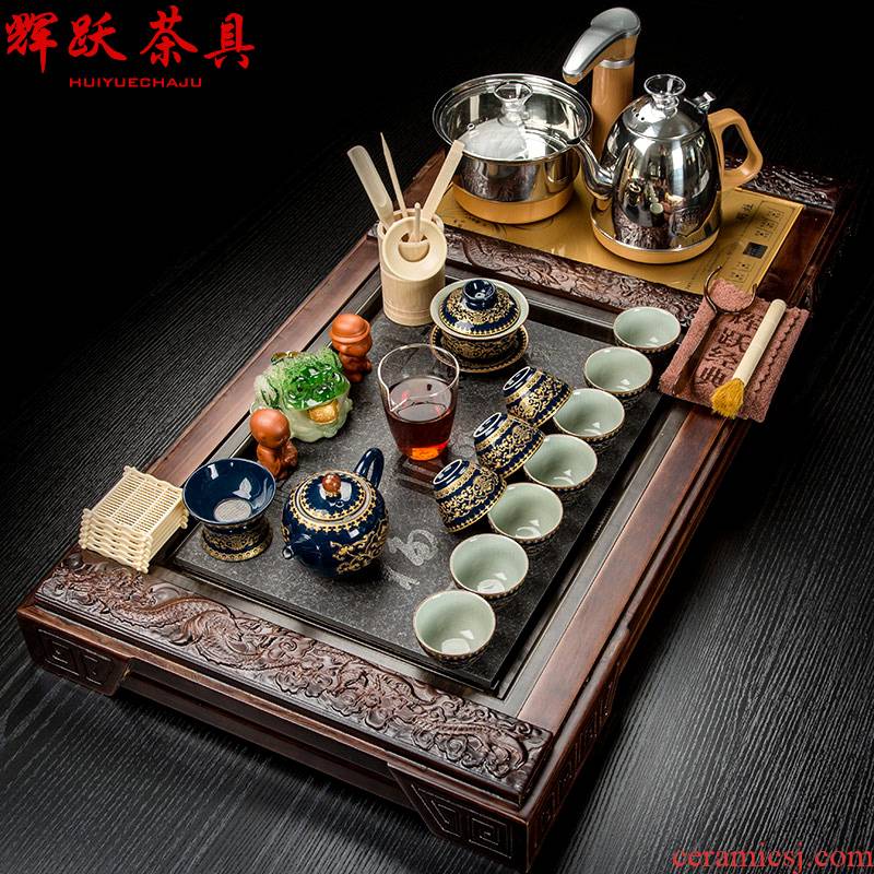 Hui make ceramics kung fu tea set suit household contracted calligraphy set automatic solid wood tea tray of tea cups