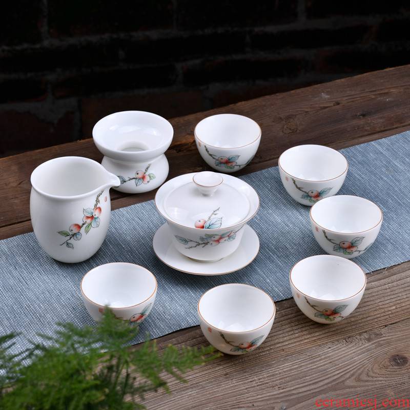 Xu ink handpainted suet jade dehua white porcelain kung fu tea set a complete set of domestic three tureen ceramic cups