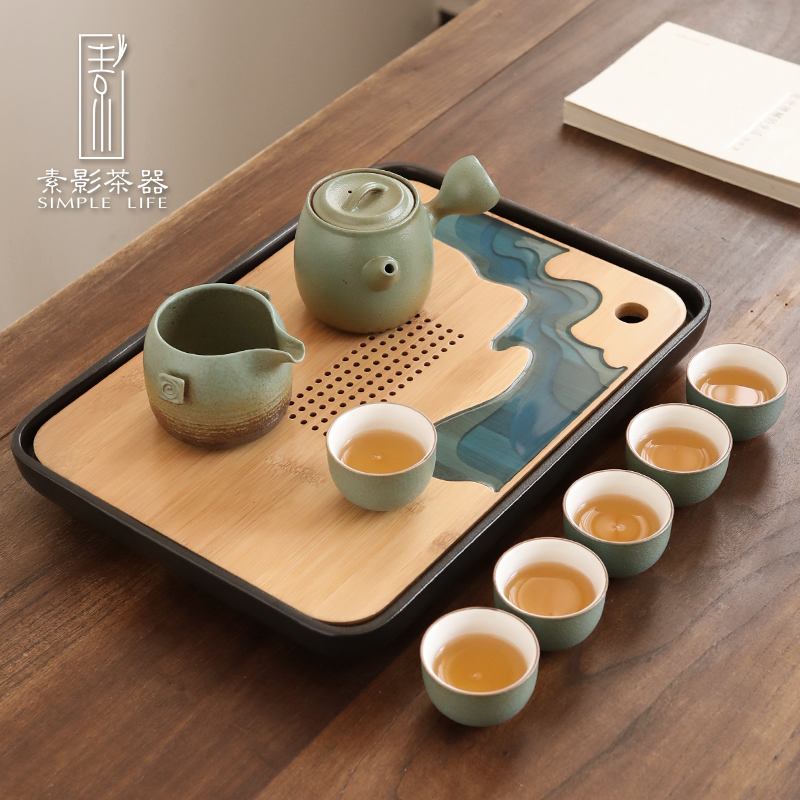 Plain film Japanese coarse ceramic tea set household contracted kung fu side teapot teacup storage type dry tea tray