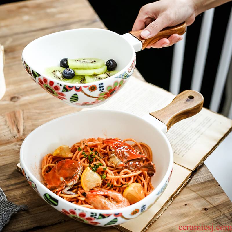 Nordic recent glaze with handle ceramic western - style food bowl of spaghetti bowl dessert bowl household creative fruit bowl