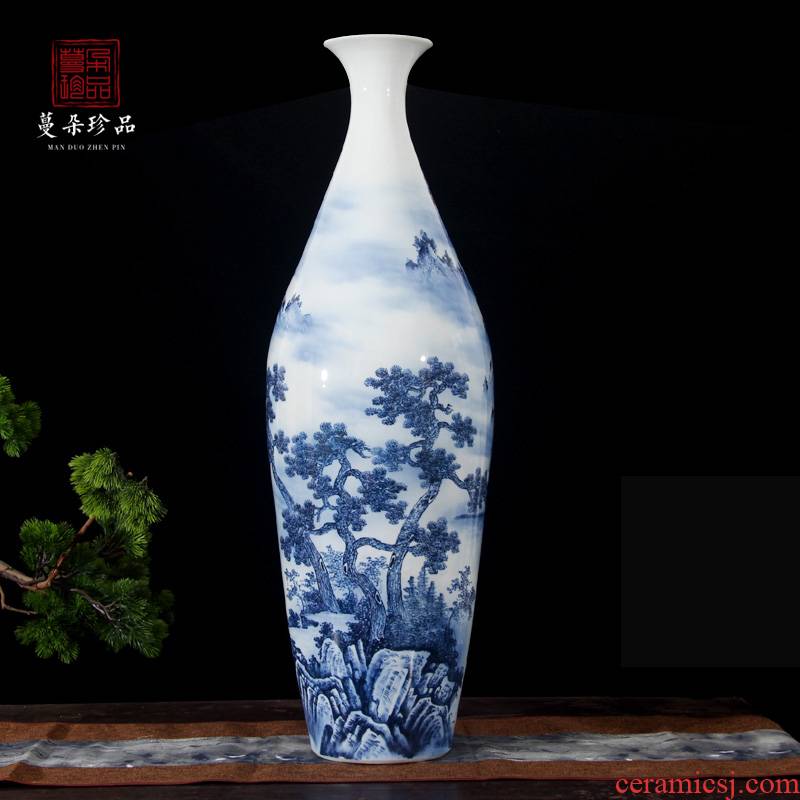 Jingdezhen blue and white landscape olive hand - made vases, 80-90 cm tall hand - made scenery belly diameter 25 or so