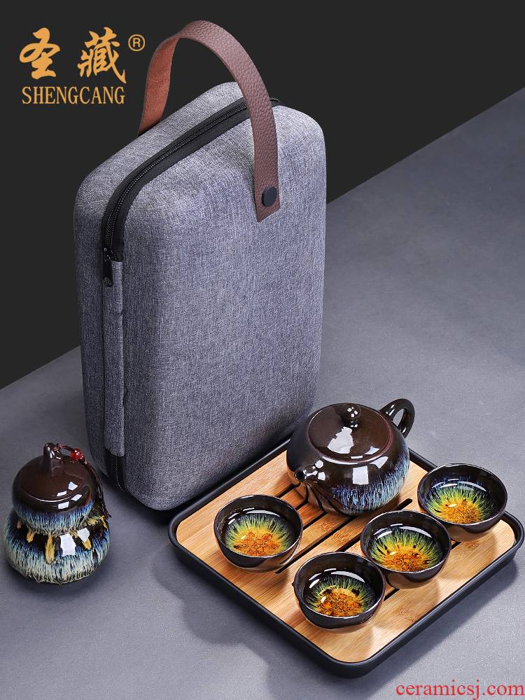 Ceramic teapot teacup travel tea set suit portable package variable kung fu tea pot bamboo tea tray with tea tray