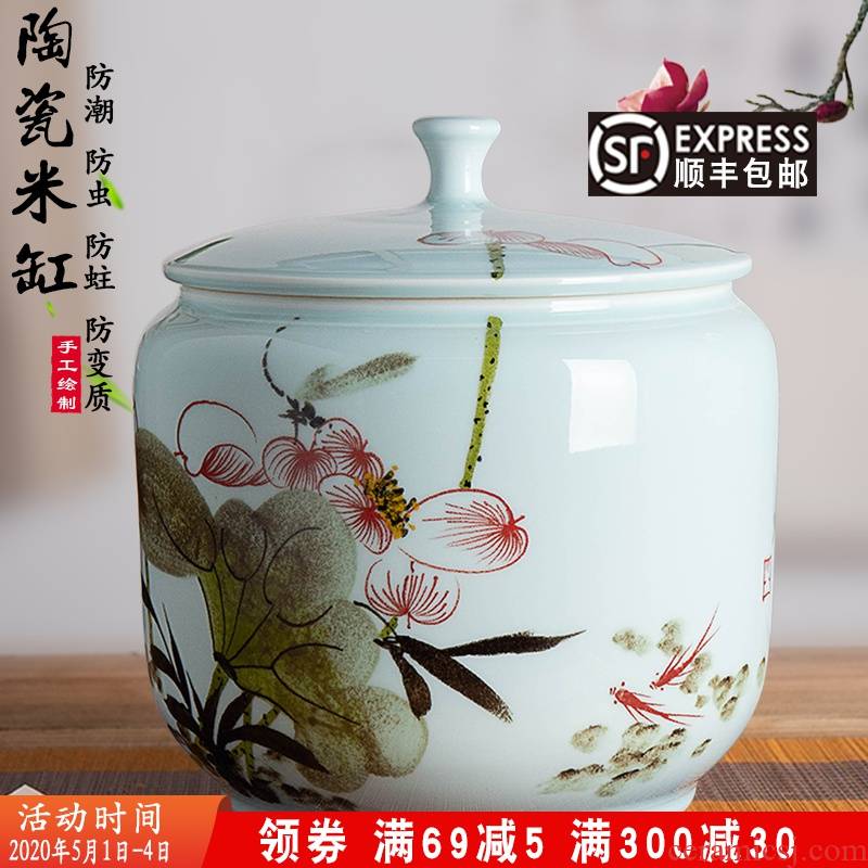 Jingdezhen hand - made ceramic barrel ricer box 20 jins the loaded with cover moistureproof insect - resistant flour barrels household seal pot in the kitchen