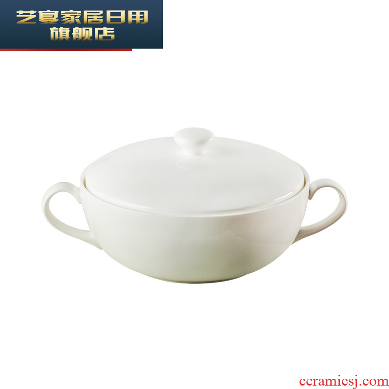 Creative ipads porcelain ears with cover large soup bowl Italian soup basin home la rainbow such as bowl jingdezhen white pot