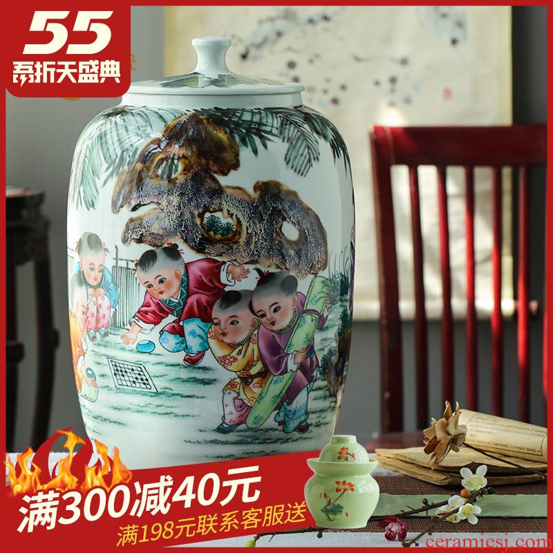 Hand - made jingdezhen ceramic barrel ricer 40 kg box pack household moistureproof tea urn cylinder oil tank of water meters storage jar with cover