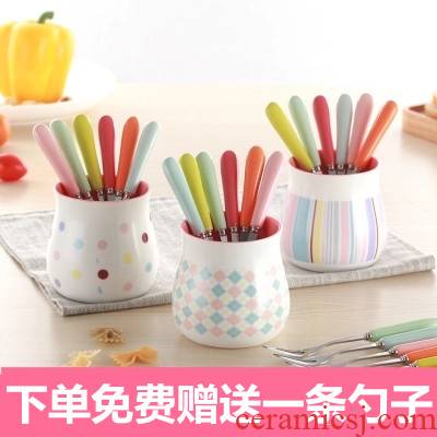 Tong baiyi creative lovely fruit fork ceramic color stainless steel tridentate dessert fork suits for dessert fork