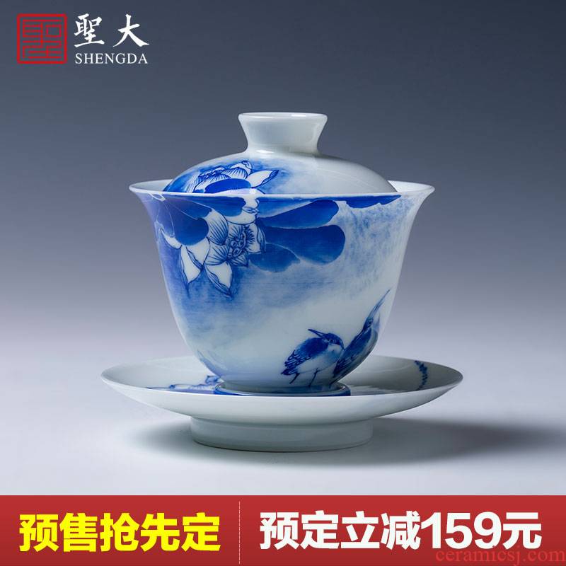 Holy big three to tureen teacups hand - made ceramic green Hualien heron figure all hand jingdezhen kung fu tea tea bowl