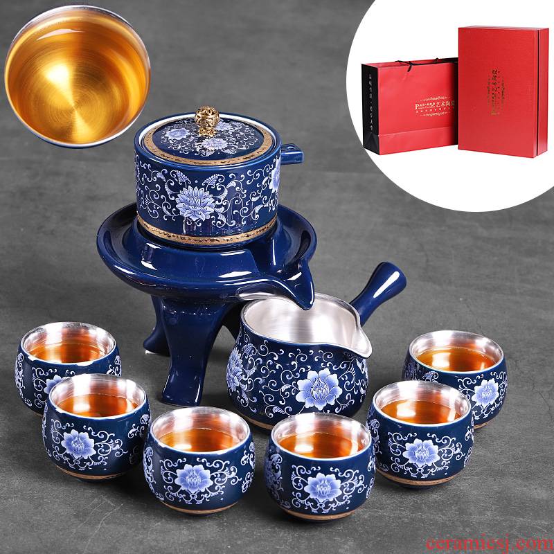 Lazy people make tea ceramic blue and white tea tasted silver gilding suit office fortunes stone mill with tea, kungfu tea cups