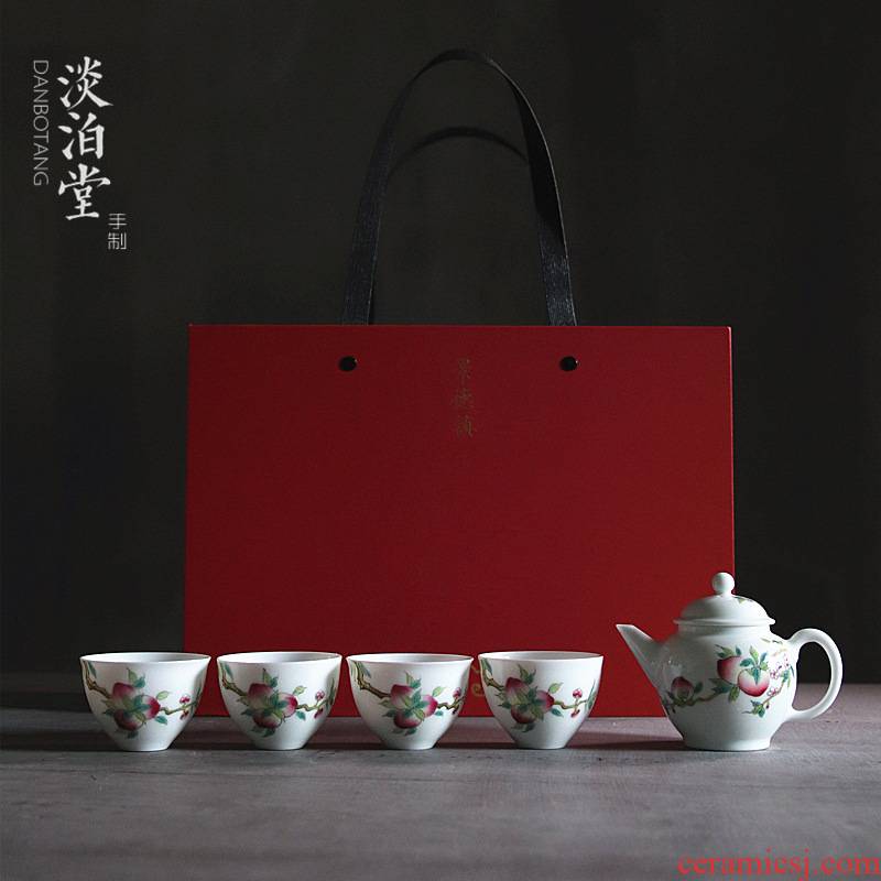 Poly real view jingdezhen high temperature hand peach colored enamel porcelain tea set tea service of a complete set of 5 caps gift boxes