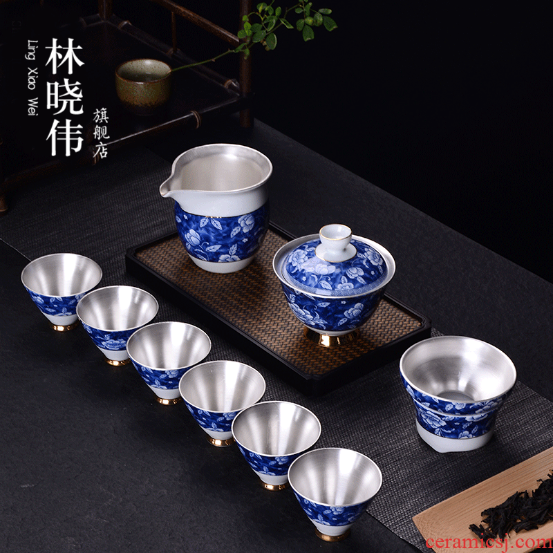 Jingdezhen blue and white porcelain ceramic with silver tea set a complete set of silver kung fu tea tea tureen tea cups
