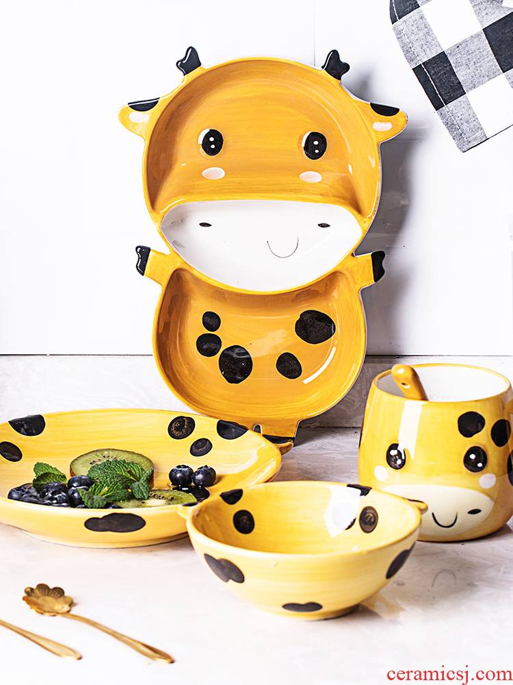Orange leaves children to use spoon, ceramic tableware and lovely cartoon separate tray plates dishes suit baby home to eat
