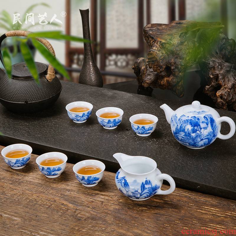 Jingdezhen ceramic tea set hand - made the home of kung fu tea set of blue and white porcelain tea cups of a complete set of the teapot