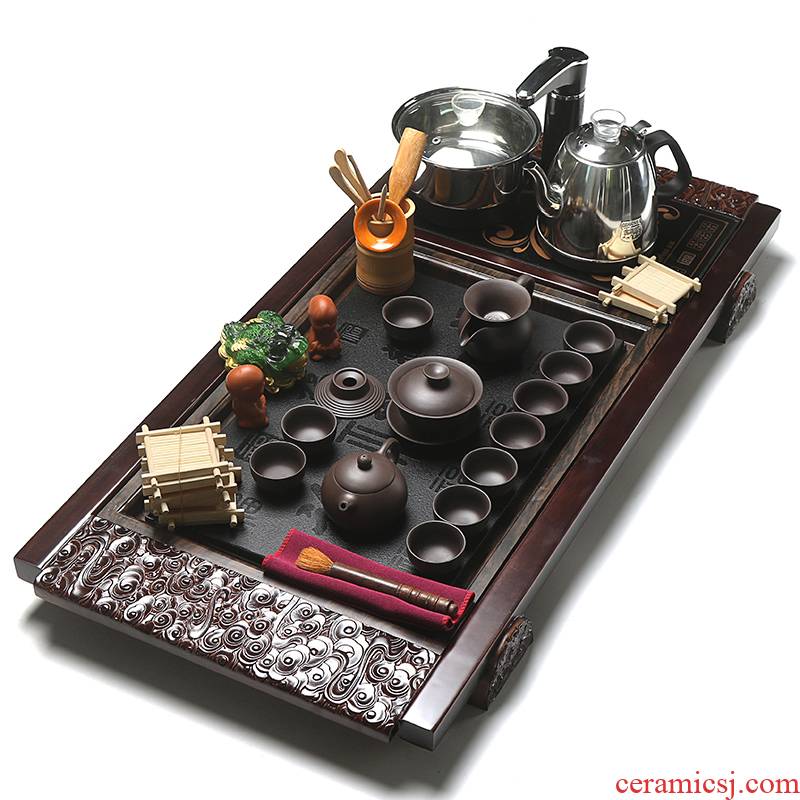 True sheng tea tray tea set ceramic household kung fu cup of a complete set of automatic induction cooker U.S. - Chinese relations solid wood tea