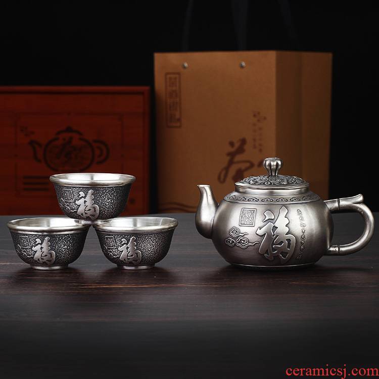 Xu ink fine silver S999 silver kung fu tea set five blessings insulation teapot teacup silver box