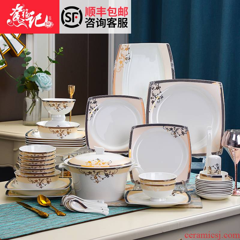 The dishes suit household tableware suit square dishes dishes household gifts tableware jingdezhen ceramic tableware bowls