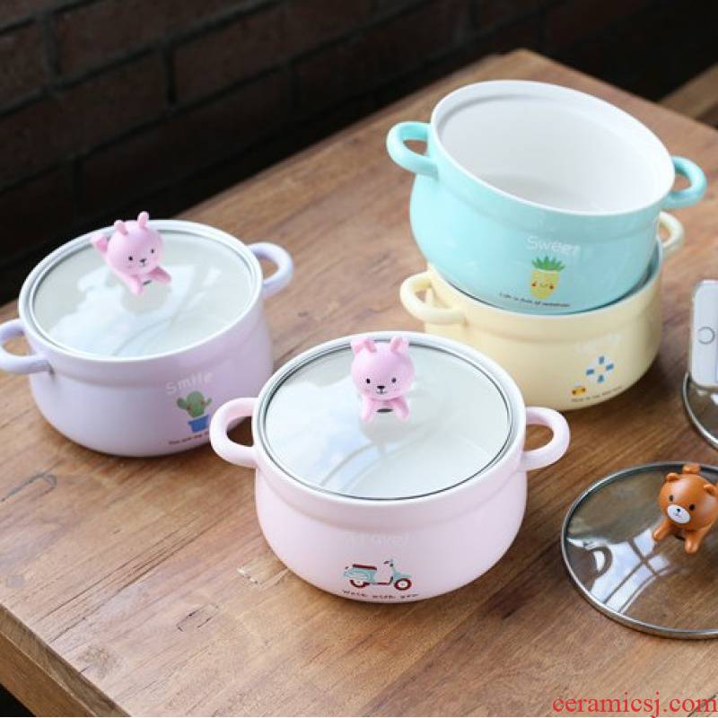 Jingdezhen creative cartoon mercifully rainbow such as bowl with cover ears ceramic bowl, lovely students instant noodles bowl bowl of soup bowl
