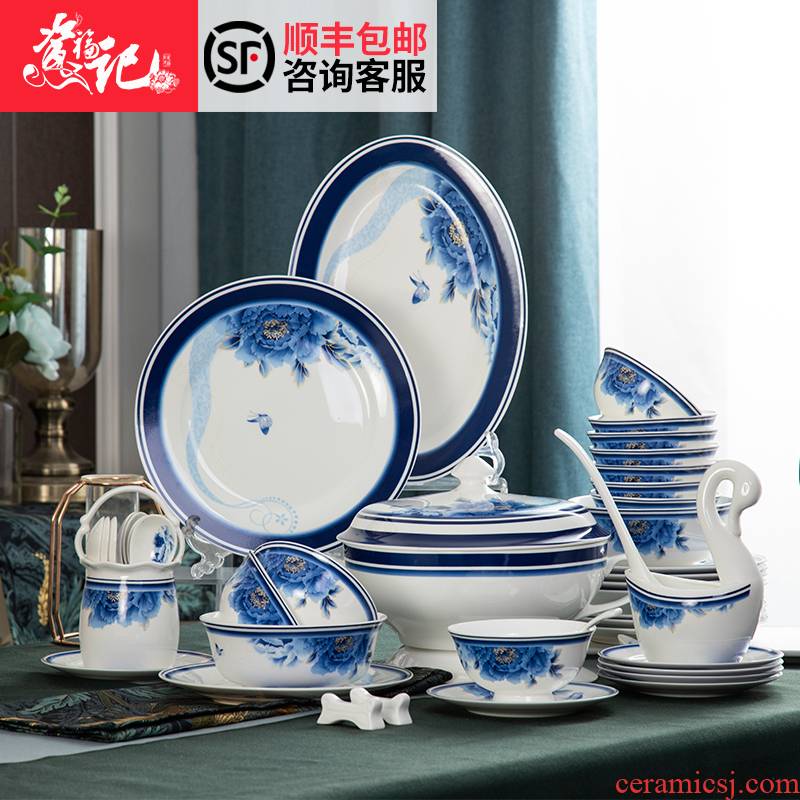Jingdezhen blue and white porcelain tableware son home dishes suit ipads porcelain bowl set assembly cups ipads plate package box