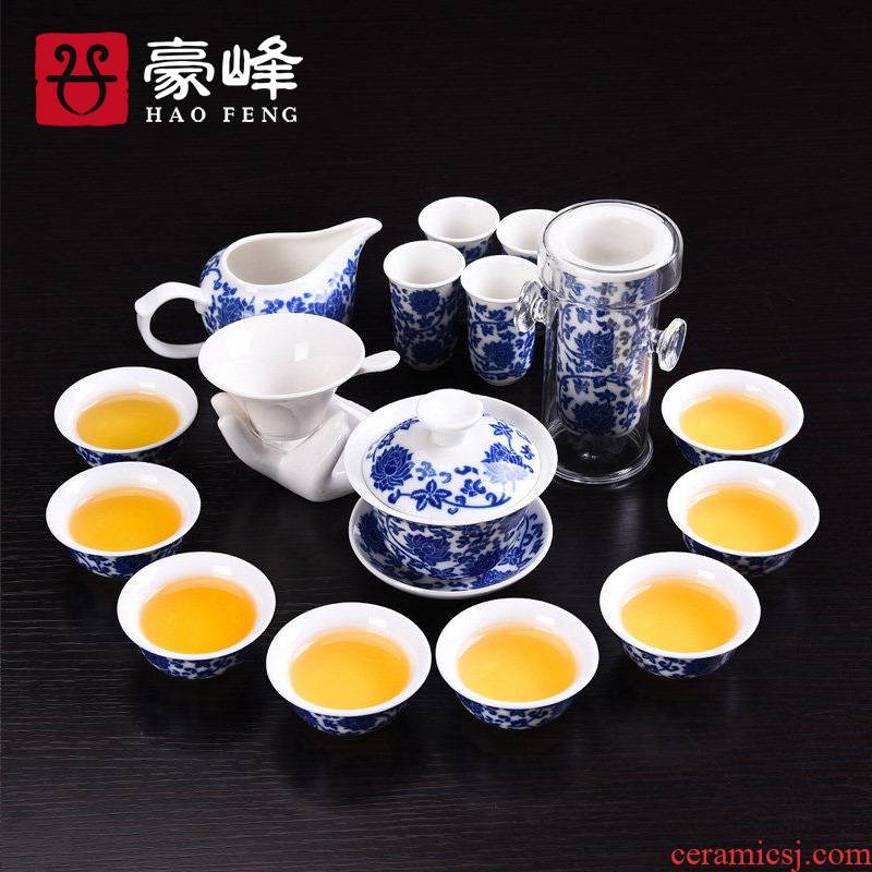 HaoFeng blue and white porcelain tea set suit household kung fu tea tea, teapot teacup tea sea GaiWanCha dao fittings
