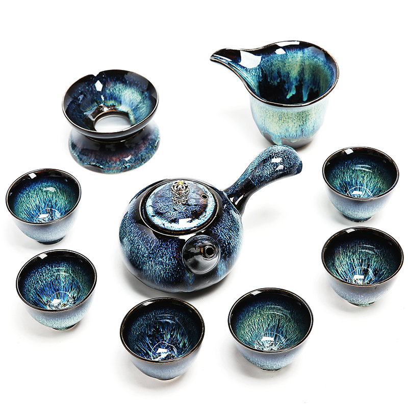 Variable kung fu tea set suit household temmoku glaze ceramic teapot cup GaiWanCha plate of a complete set of masterpieces by hand