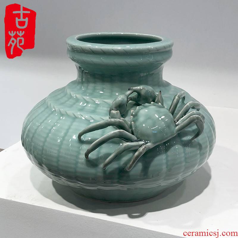 Yixing celadon porcelain home decoration flower implement sitting room place flower vase study stippling crab basket statute