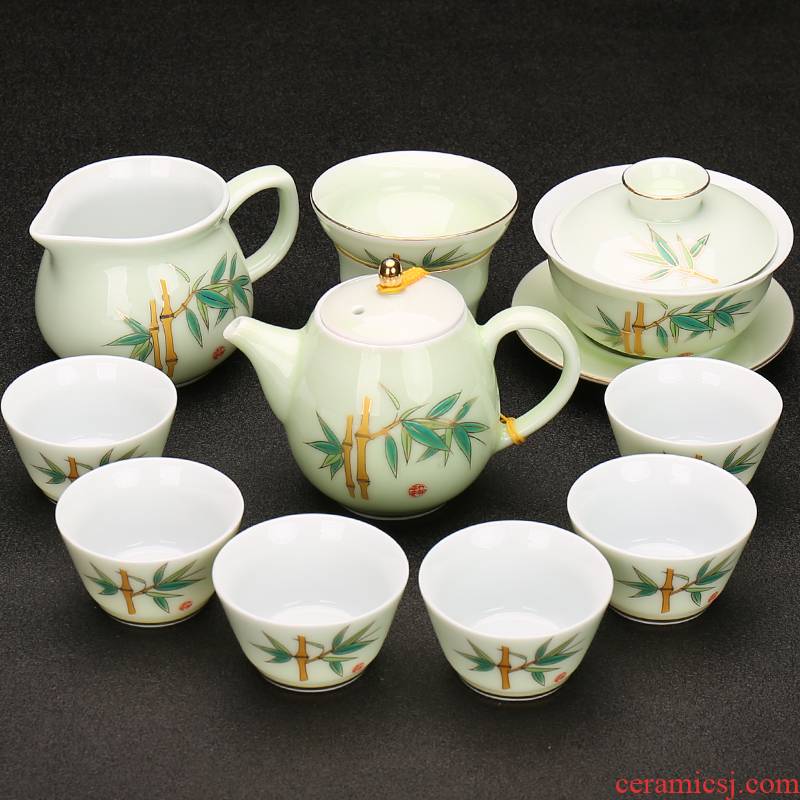 A complete set of high - grade celadon fuels the kung fu tea set suit household of Chinese style is contracted ceramic tea cup lid bowl