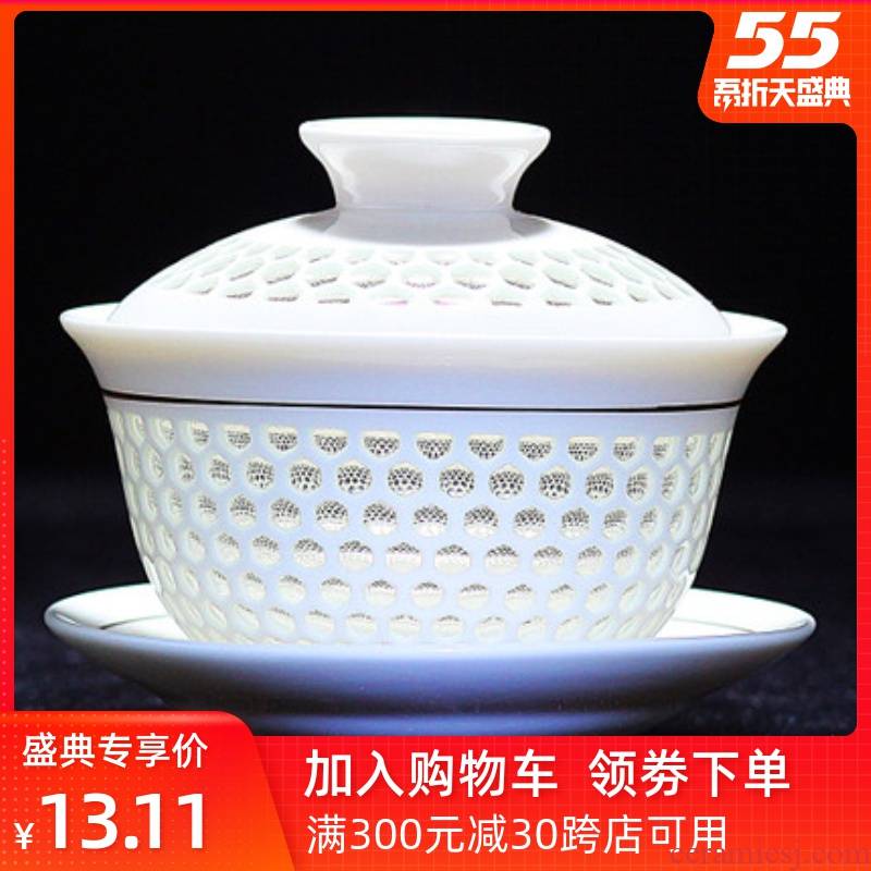 Three to make tea tureen tea bowl with a large single dehua white porcelain kung fu tea set household celadon porcelain of jingdezhen