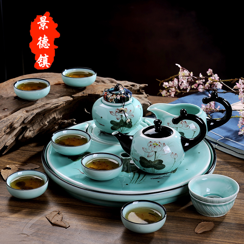 Jingdezhen hand - made celadon tea sets a complete set of ceramic kung fu tea set manually GaiWanCha tray caddy fixings