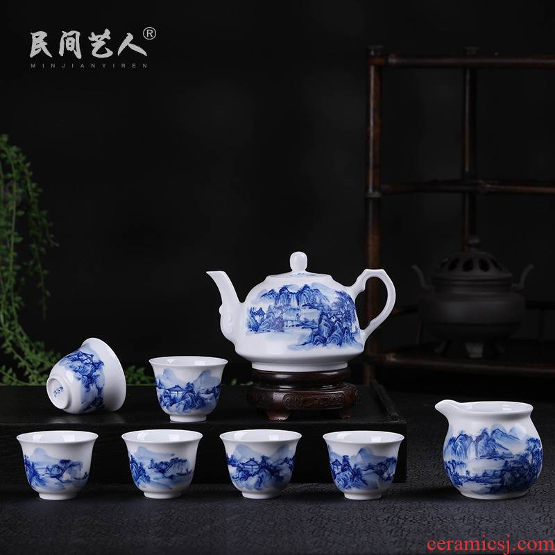 Jingdezhen hand - made fair under the glaze color kung fu tea cups ceramic teapot household blue and white tea tea set is a gift