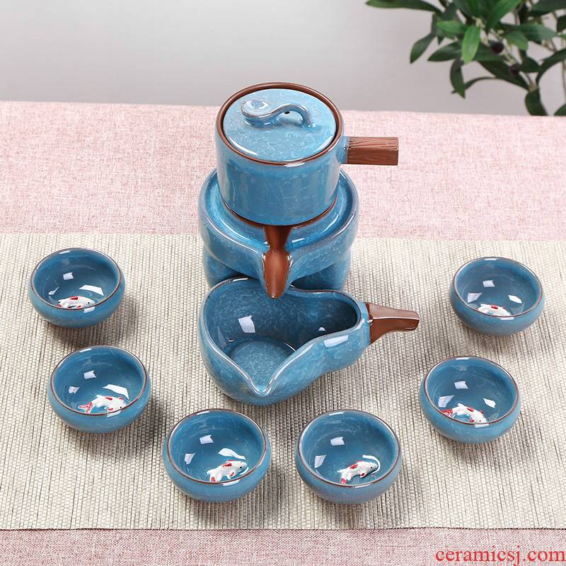 7 see fit fish cup creative semi - automatic crack all ceramic kung fu tea set lazy blunt tea