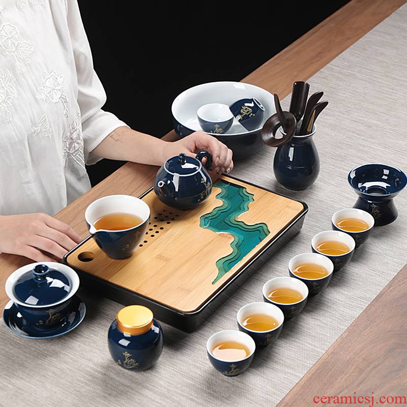 Japanese kung fu tea set home office with tea tray tea table ji blue glaze ceramic tureen teapot teacup