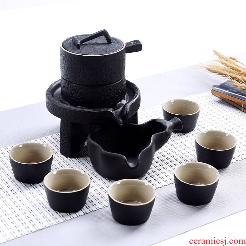 Porcelain ceramic stone mill god half automatic tea sets, black pottery teacup kung fu tea home tea restoring ancient ways