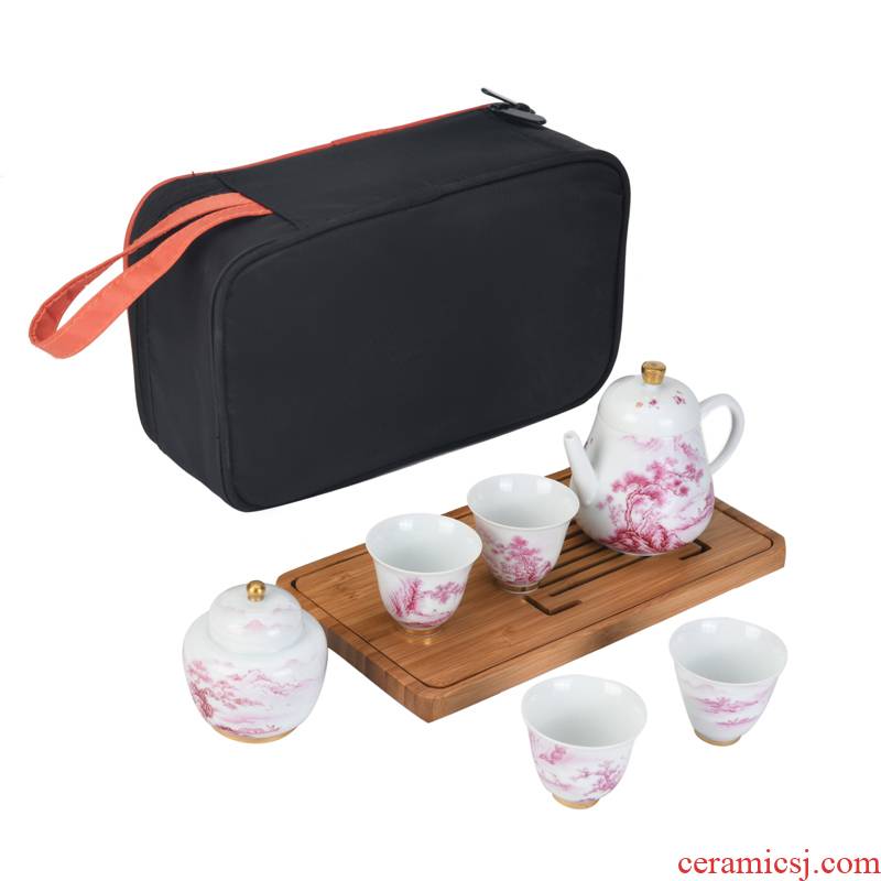 Travel kung fu tea set manual tire agate hongshan xu ink ink color hand - made paint portable a pot of four cups