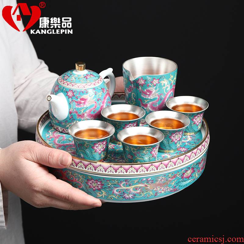 Recreation of kung fu tea tea family tea tray was round ceramic colored enamel coppering. As silver sea 999 dry mercifully tea