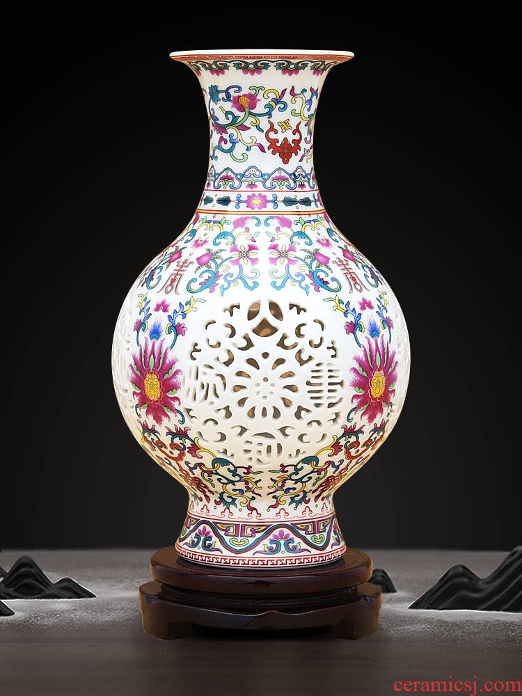 Jingdezhen ceramic vase furnishing articles of modern Chinese style pastel hollow - out porcelain flower arranging machine sitting room wine bottle ornament
