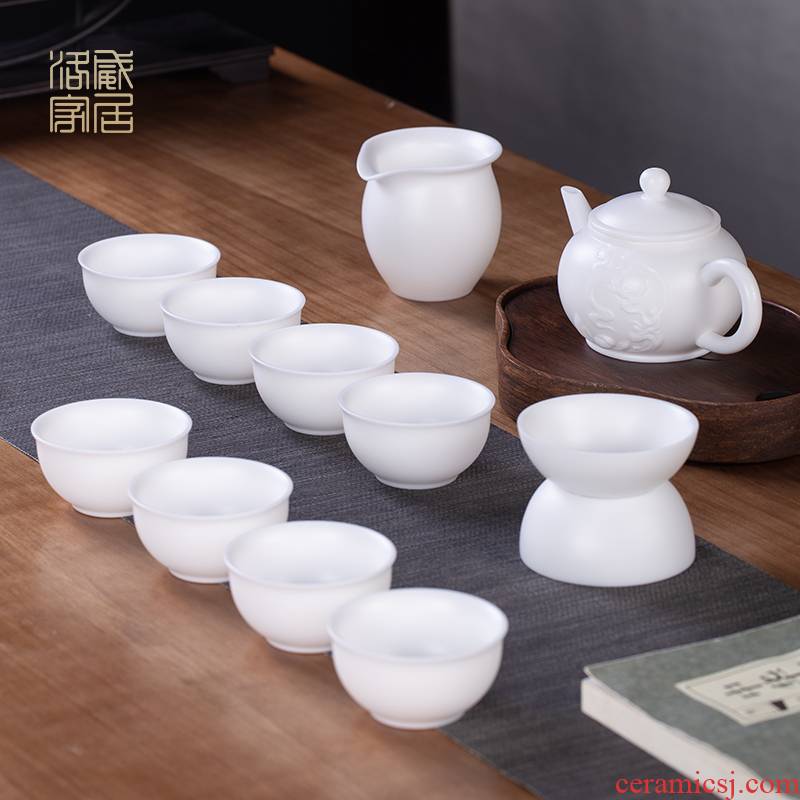 Blower, suet jade white porcelain tea set household jingdezhen kung fu tea teapot tea cup and a cup of tea filter