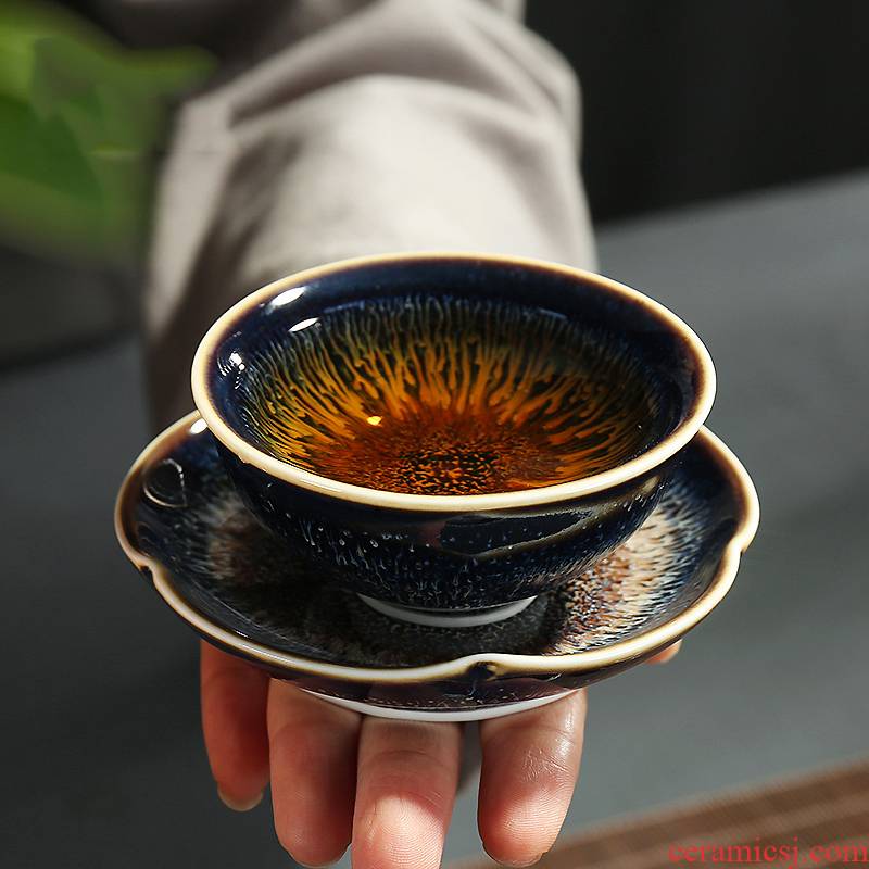 Kung fu tea saucer temmoku glazed pottery porcelain insulation mat tea cup saucer teacup pad accessories by hand