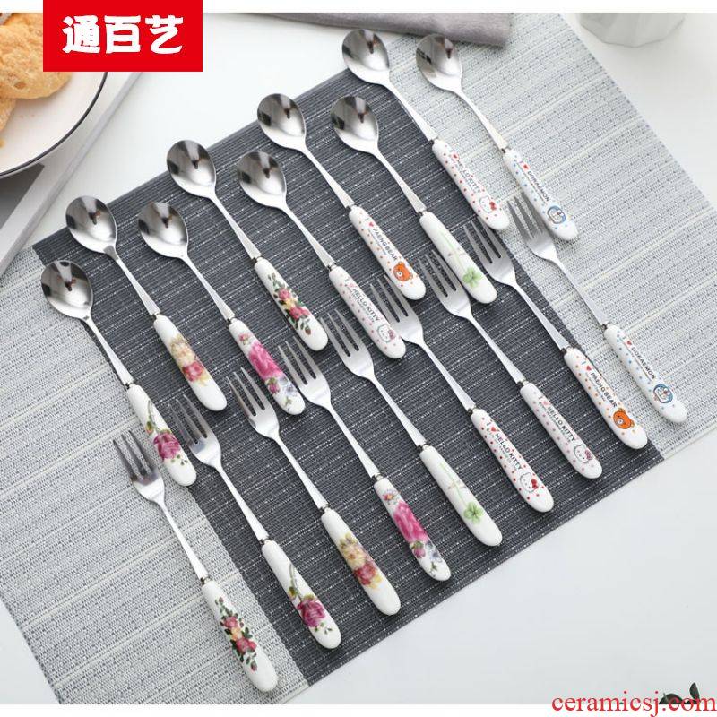Tong baiyi six fruit fork ceramic handle stainless steel coffee spoon