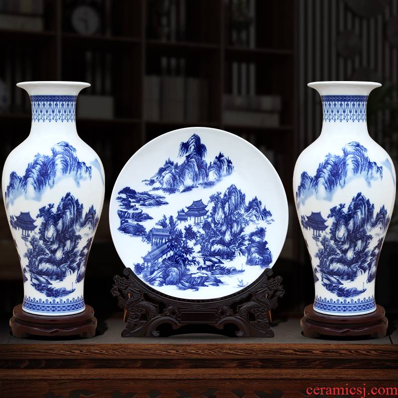 Jingdezhen blue and white porcelain vase three - piece ceramic furnishing articles sitting room TV ark of the sitting room porch handicraft ornament
