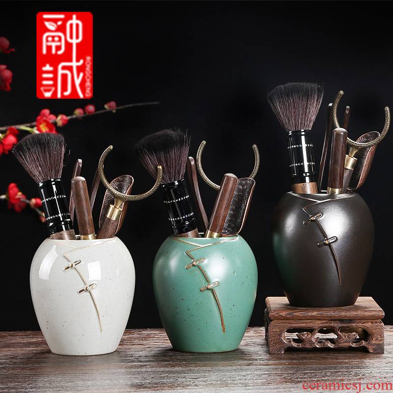 Tea six gentleman 's suit household bamboo wood receive tube ebony kung fu Tea accessories ceramic Tea set
